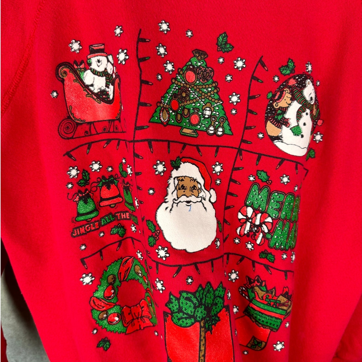 VTG 80s Christmas Holiday Raglan Sweatshirt L