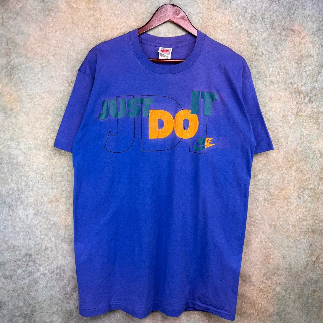Vintage 80s Nike T Shirt Sz XL Blue Just Do It Logo Gray Tag USA Made Retro