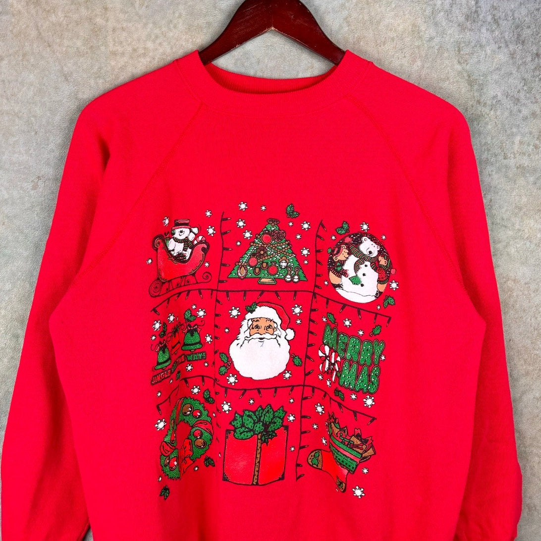 VTG 80s Christmas Holiday Raglan Sweatshirt L