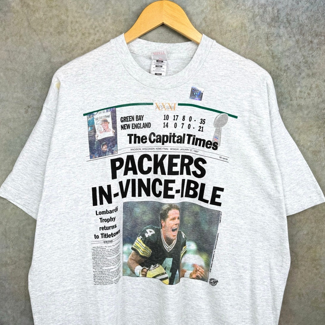 VTG 1997 Green Bay Packers/Brett Favre Super Bowl Newspaper Tee XXL