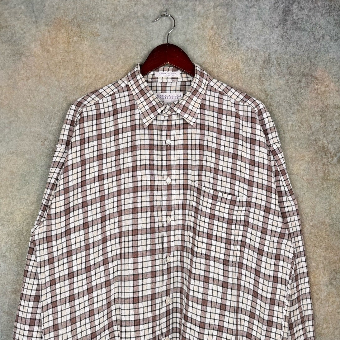 VTG 90s Perry Ellis Brown Plaid Button Up Shirt XL