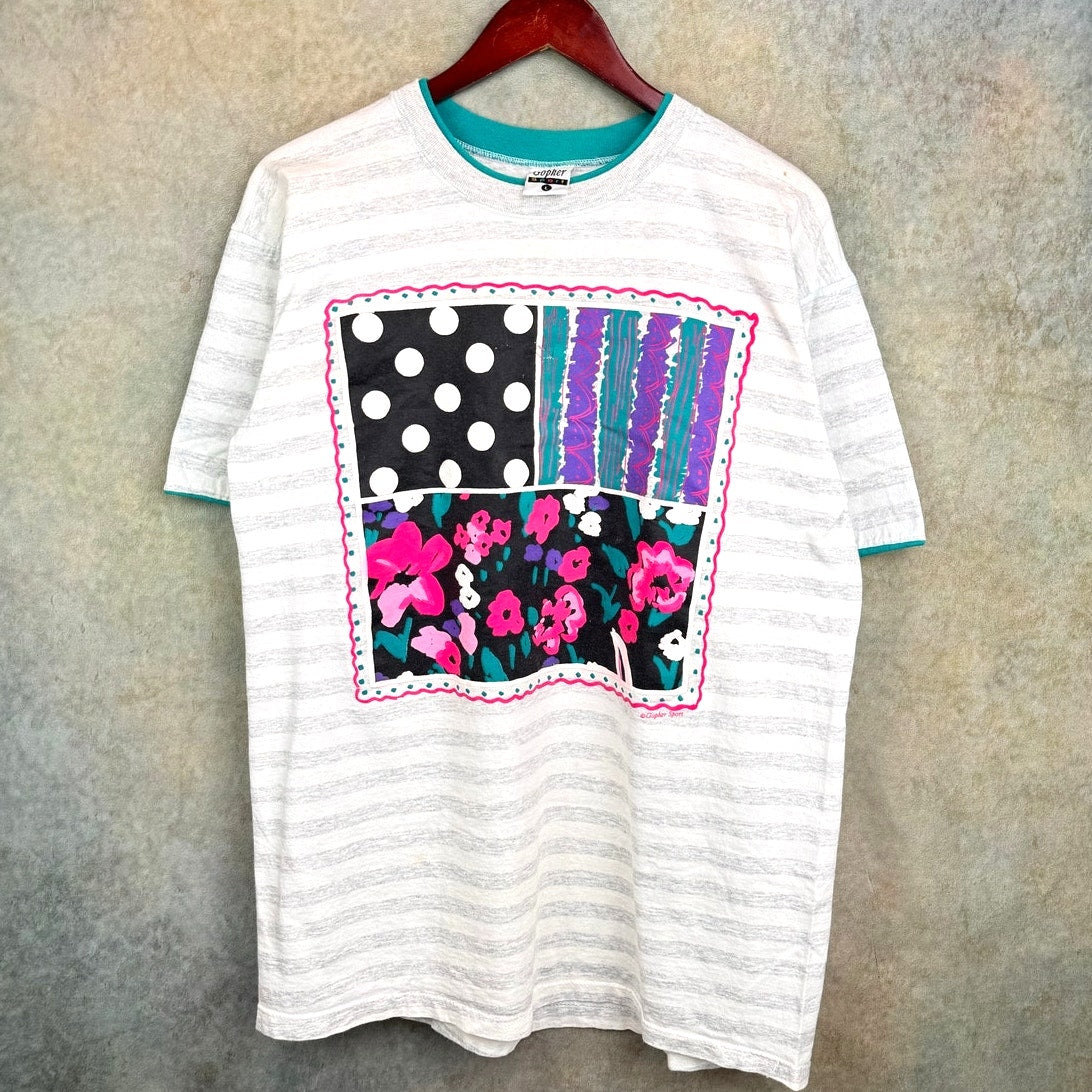 VTG 90s Flower Striped Graphic T Shirt L