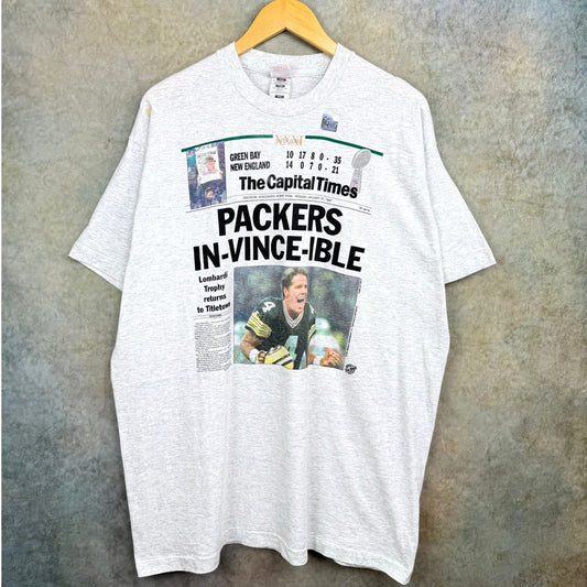 VTG 1997 Green Bay Packers/Brett Favre Super Bowl Newspaper Tee XXL