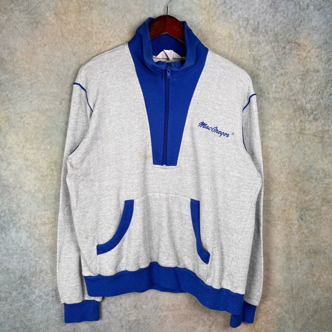 VTG 80s MacGregor Q Zip Sweatshirt Mens Sz L Gray Blue Pullover Sports Athletics