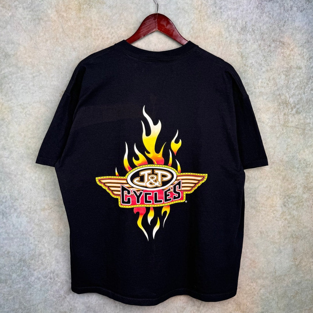 VTG 90s J&P Motorcycles Flame Biker T Shirt XL