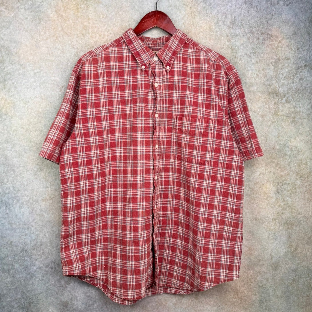 VTG 90s Red Plaid Short Sleeve Shirt L