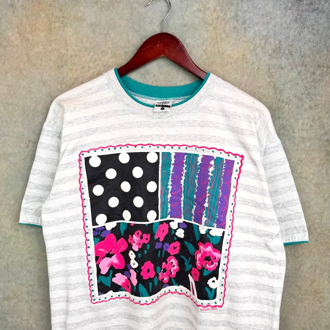 VTG 90s Flower Striped Graphic T Shirt L