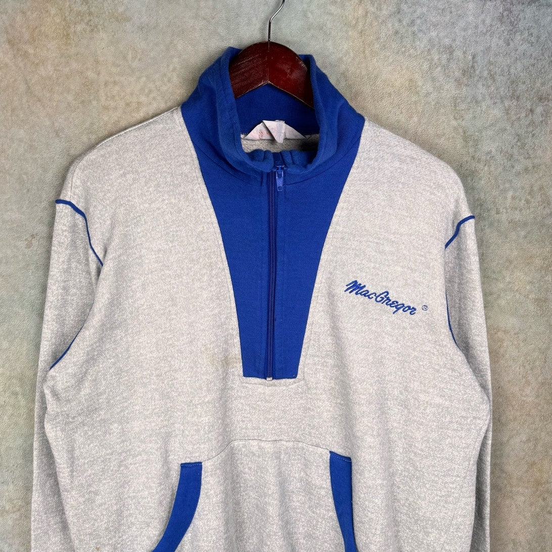 VTG 80s MacGregor Q Zip Sweatshirt Mens Sz L Gray Blue Pullover Sports Athletics