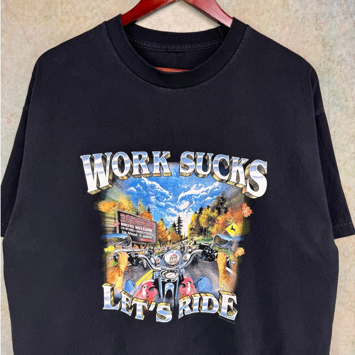 Y2K Work Sucks Lets Ride Biker T Shirt XL