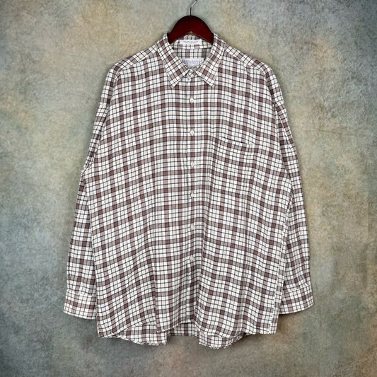 VTG 90s Perry Ellis Brown Plaid Button Up Shirt XL