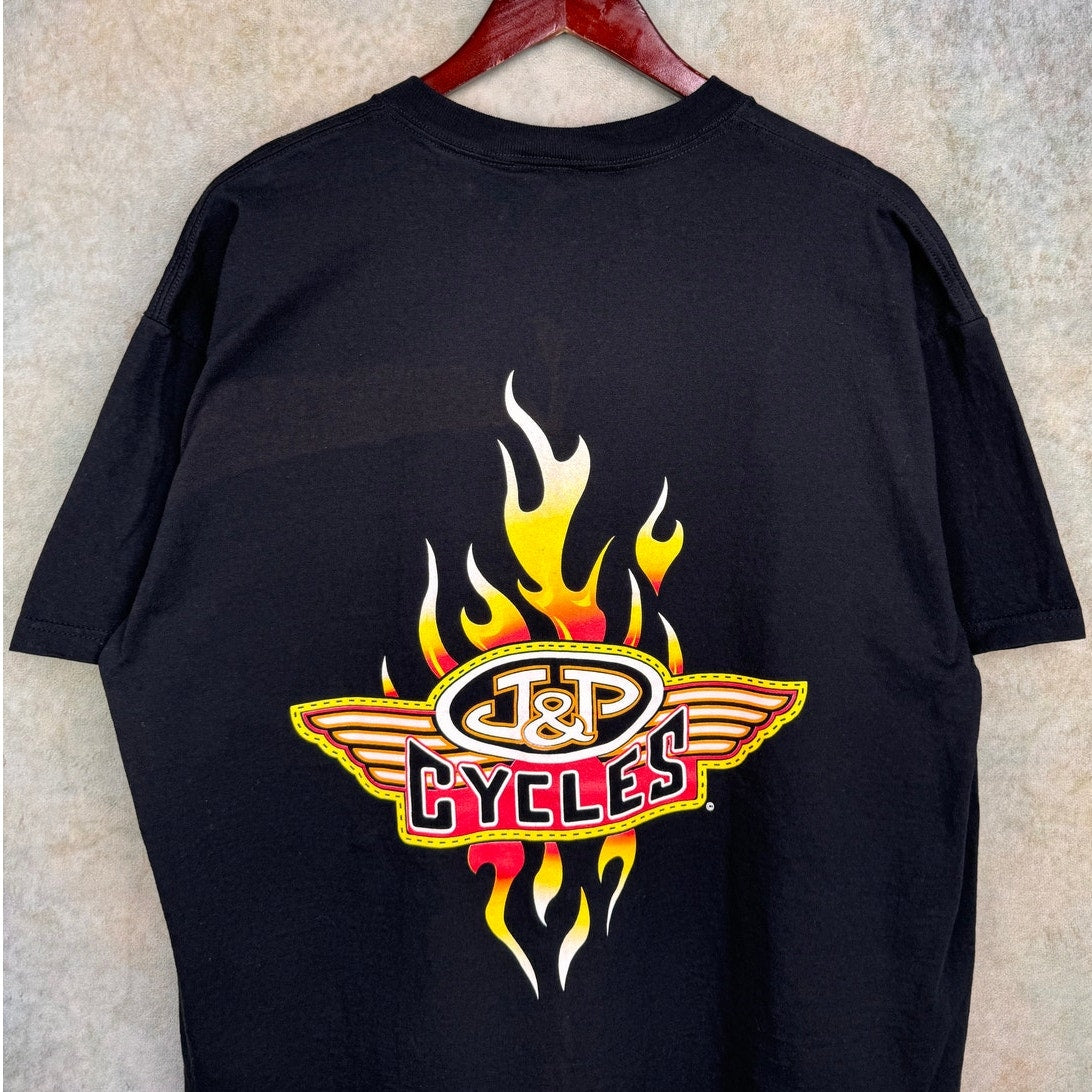 VTG 90s J&P Motorcycles Flame Biker T Shirt XL