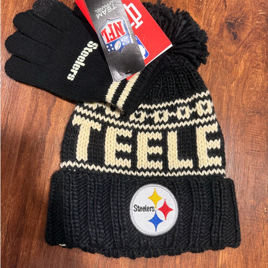 Pittsburgh Steelers Ultra Game NFL Beanie Hat Gloves Set NWT $50 MSRP Black