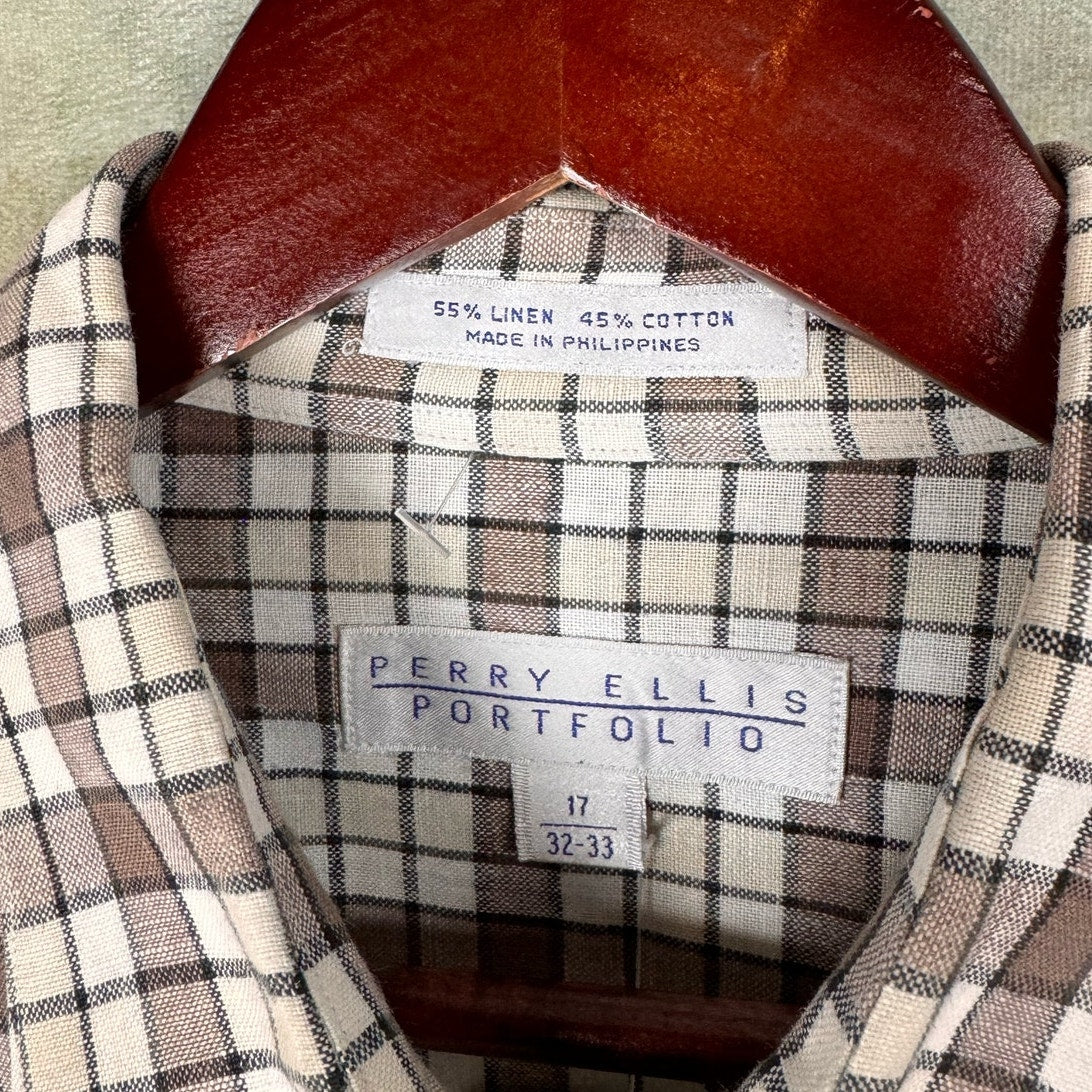 VTG 90s Perry Ellis Brown Plaid Button Up Shirt XL