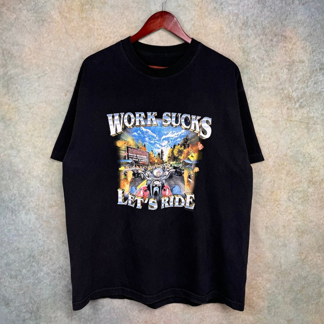 Y2K Work Sucks Lets Ride Biker T Shirt XL