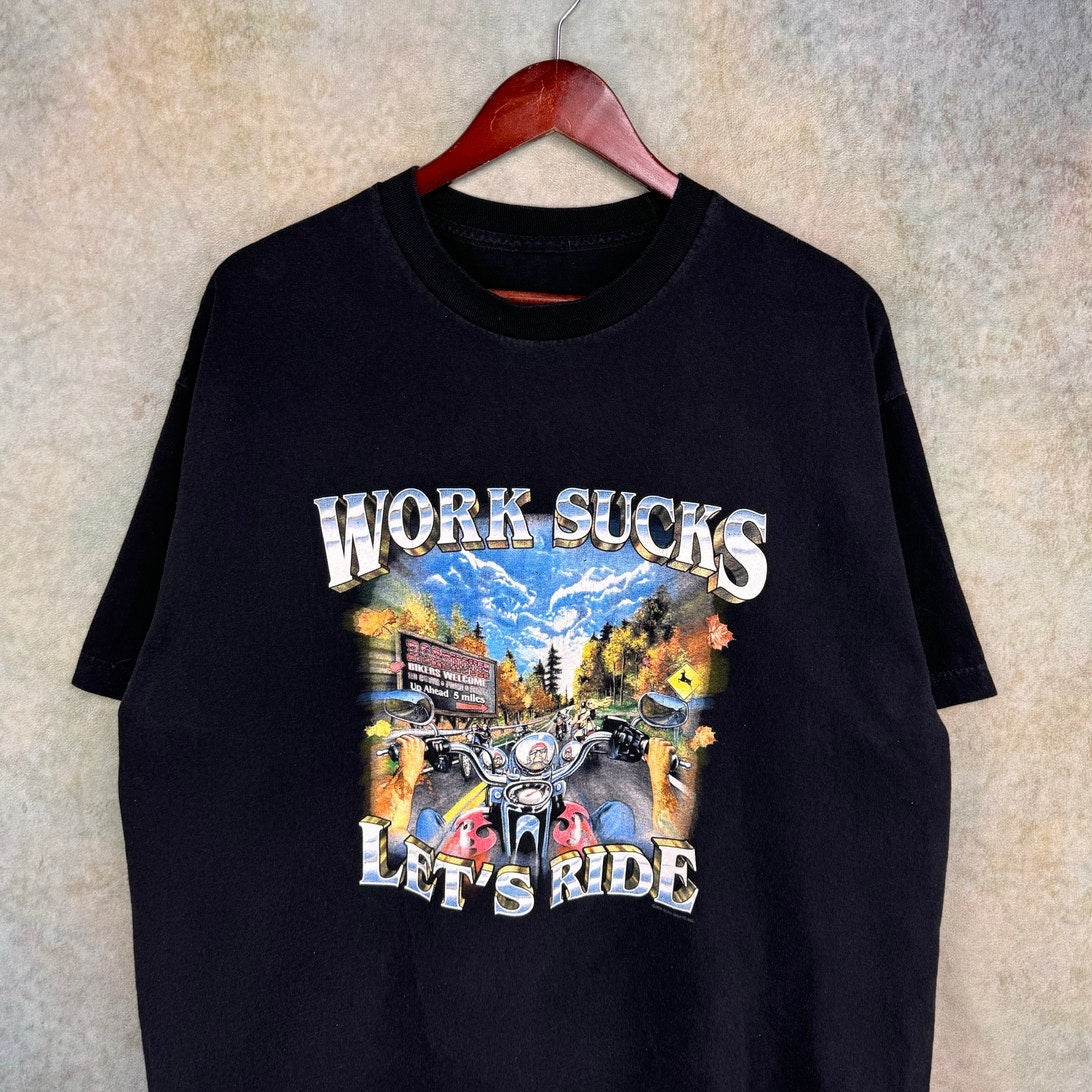 Y2K Work Sucks Lets Ride Biker T Shirt XL