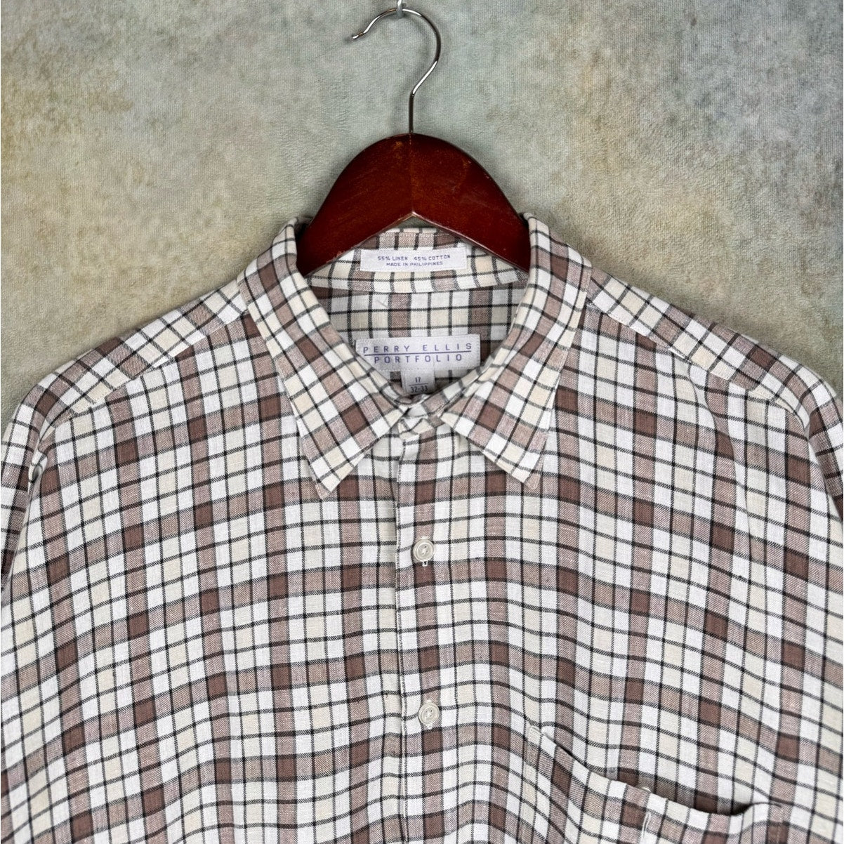 VTG 90s Perry Ellis Brown Plaid Button Up Shirt XL