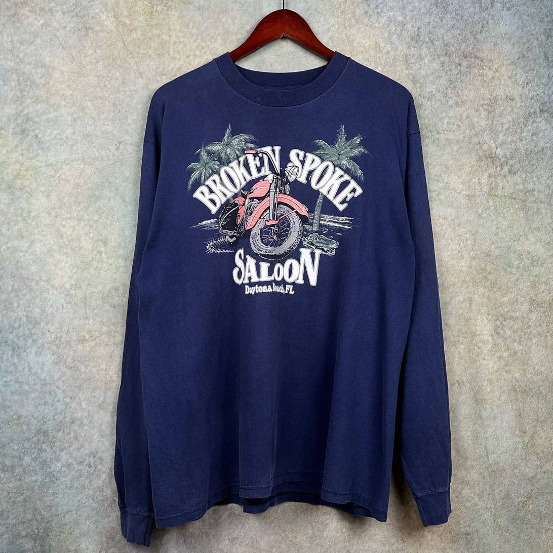 Vintage 90s Daytona Bike Week Long Sleeve Shirt Sz XL Navy Saloon Biker Florida