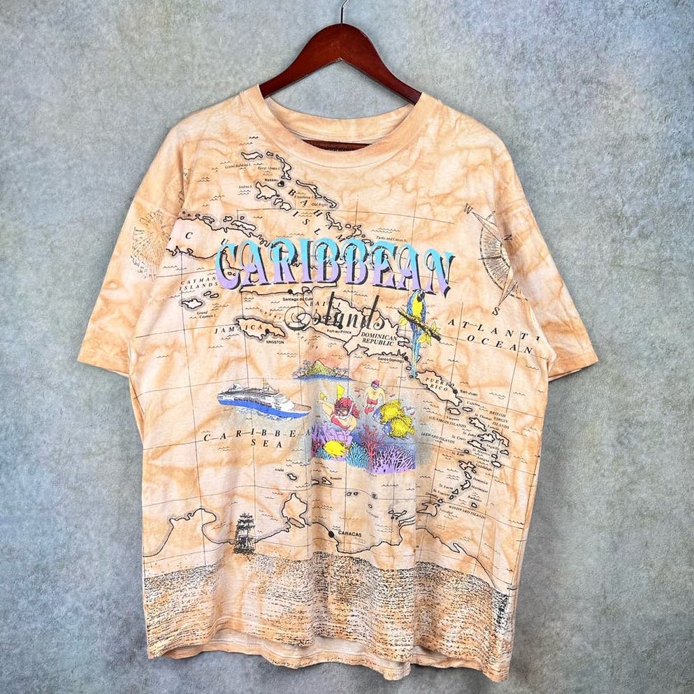 Vintage All Over Print Caribbean Islands T Shirt XL